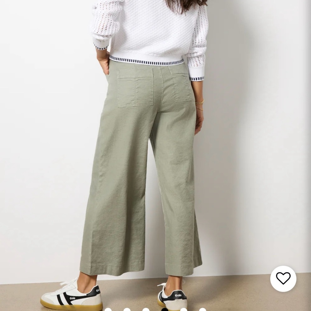 Evereve Joelle Stretch Linen Olive Wide-Leg Crop Pants - Picture 2 of 15